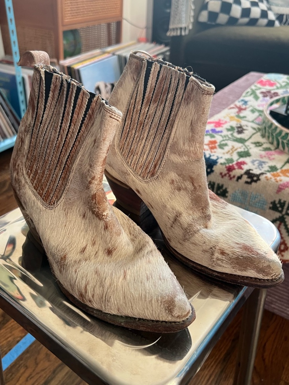 Cowhide Western Ankle Boots - Natural Brown & White